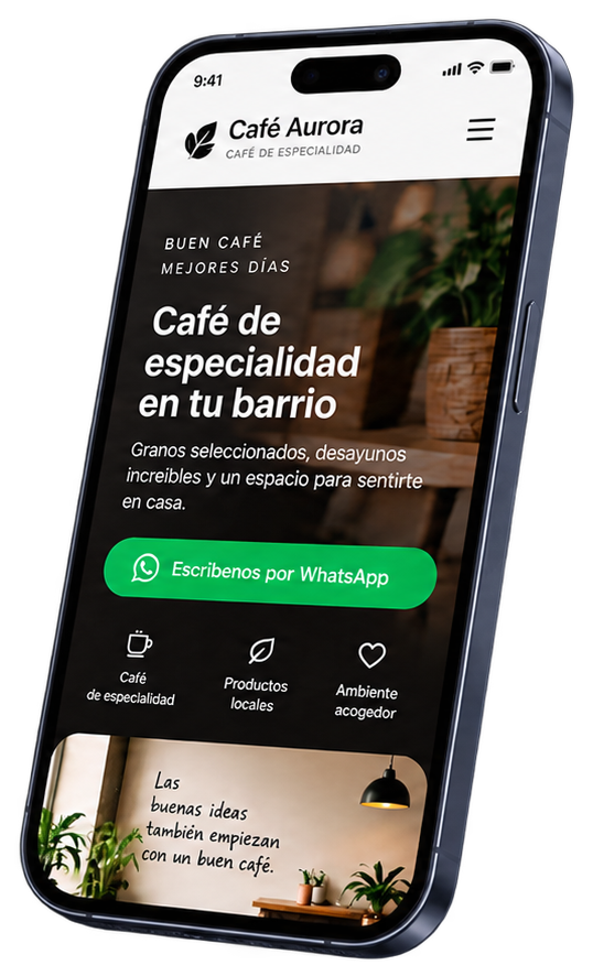 Teléfono mostrando el sitio web de una cafetería con botón de contacto por WhatsApp